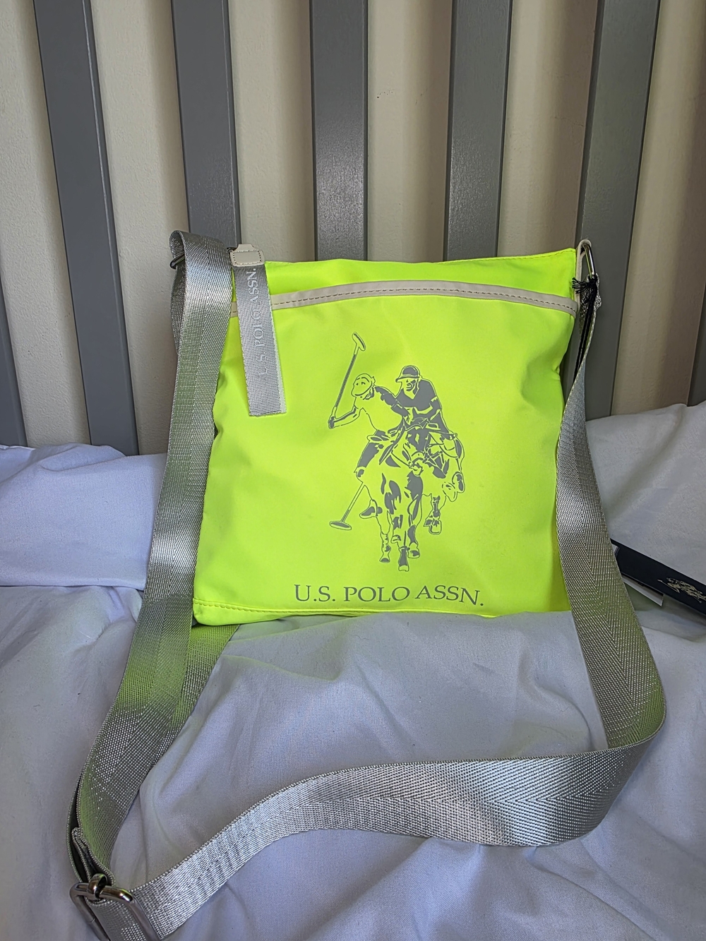 U.S. Polo Assn. Neon Yellowmylon  Crossbody Bag With Silver Strap NWT